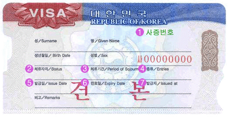 韩国签证样本